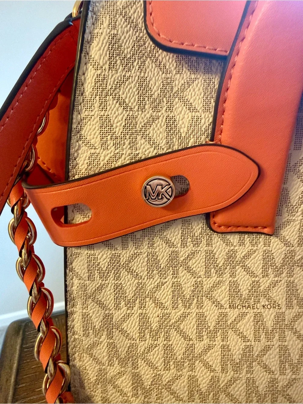 Michael Kors Coral & Beige Signature Satchel with Chain-Trim Strap + Crossbody
